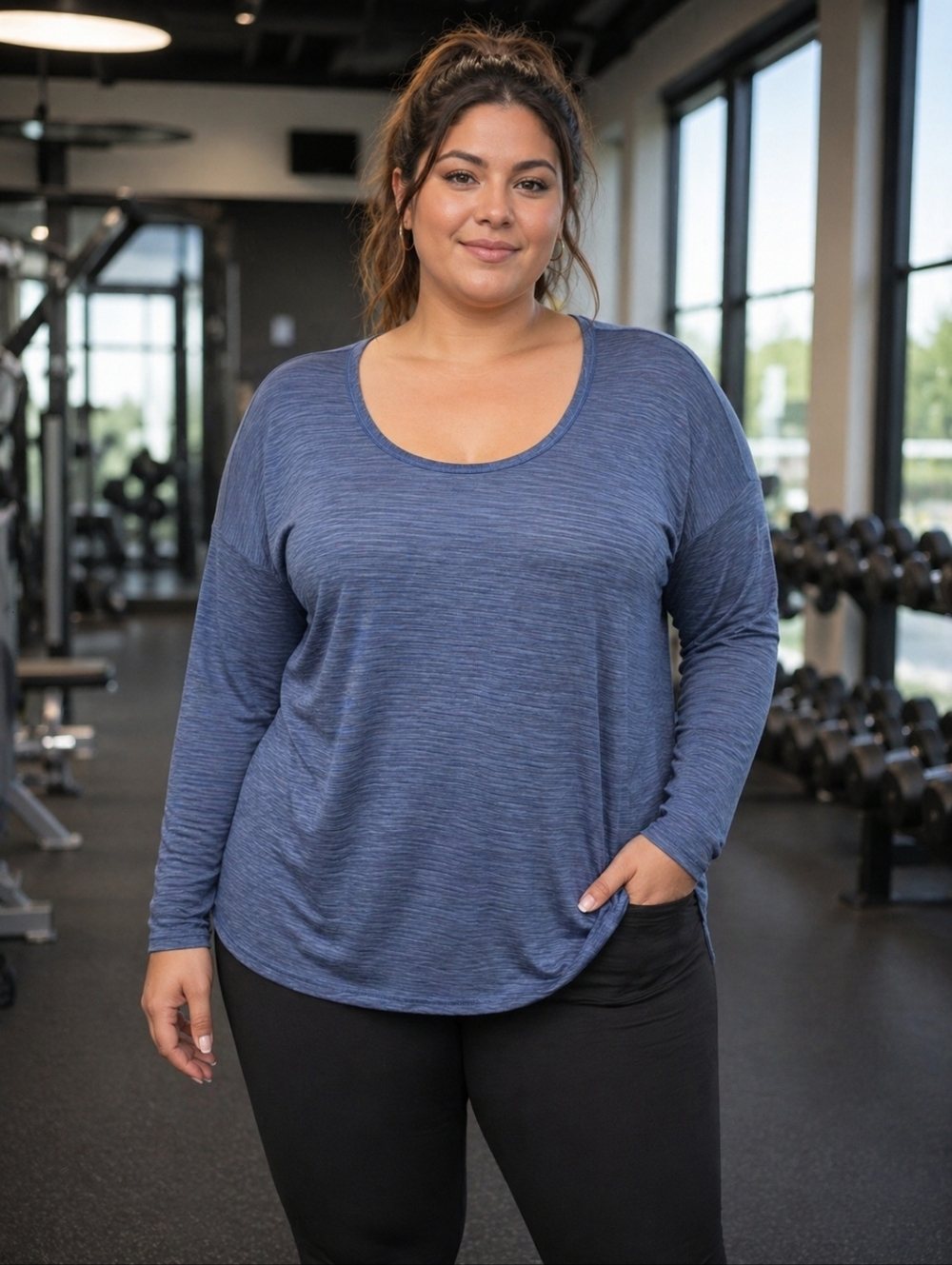 ATHLETA Women's 1X Navy Heather Blue Long‎ Sleeve Top -2007